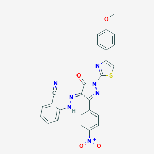 molecular formula C26H17N7O4S B325972 2-[(2E)-2-[1-[4-(4-methoxyphenyl)-1,3-thiazol-2-yl]-3-(4-nitrophenyl)-5-oxopyrazol-4-ylidene]hydrazinyl]benzonitrile 