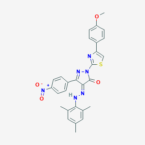 (4E)-2-[4-(4-methoxyphenyl)-1,3-thiazol-2-yl]-5-(4-nitrophenyl)-4-[(2,4,6-trimethylphenyl)hydrazinylidene]pyrazol-3-one