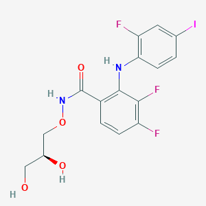 molecular formula C16H14F3IN2O4 B3264393 N-[(2s)-2,3-Bis(Oxidanyl)propoxy]-3,4-Bis(Fluoranyl)-2-[(2-Fluoranyl-4-Iodanyl-Phenyl)amino]benzamide CAS No. 391210-11-0