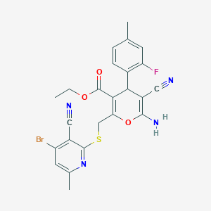 molecular formula C24H20BrFN4O3S B326570 ethyl 6-amino-2-{[(4-bromo-3-cyano-6-methyl-2-pyridinyl)sulfanyl]methyl}-5-cyano-4-(2-fluoro-4-methylphenyl)-4H-pyran-3-carboxylate 