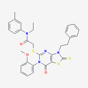 N-ethyl-2-((6-(2-methoxyphenyl)-7-oxo-3-phenethyl-2-thioxo-2,3,6,7-tetrahydrothiazolo[4,5-d]pyrimidin-5-yl)thio)-N-(m-tolyl)acetamide