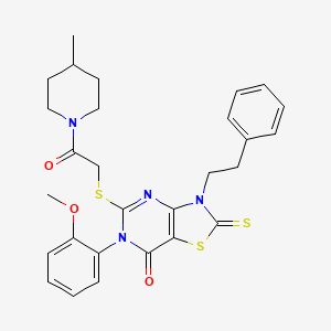 molecular formula C28H30N4O3S3 B3266325 6-(2-methoxyphenyl)-5-((2-(4-methylpiperidin-1-yl)-2-oxoethyl)thio)-3-phenethyl-2-thioxo-2,3-dihydrothiazolo[4,5-d]pyrimidin-7(6H)-one CAS No. 422306-81-8