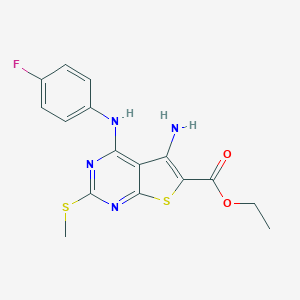 molecular formula C16H15FN4O2S2 B326671 Ethyl 5-amino-4-(4-fluoroanilino)-2-(methylsulfanyl)thieno[2,3-d]pyrimidine-6-carboxylate 