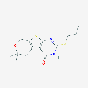 molecular formula C14H18N2O2S2 B326779 12,12-Dimethyl-5-propylsulfanyl-11-oxa-8-thia-4,6-diazatricyclo[7.4.0.02,7]trideca-1(9),2(7),5-trien-3-one 