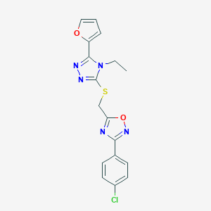 molecular formula C17H14ClN5O2S B326808 3-(4-Chloro-phenyl)-5-(4-ethyl-5-furan-2-yl-4H-[1,2,4]triazol-3-ylsulfanylmethyl)-[1,2,4]oxadiazole 