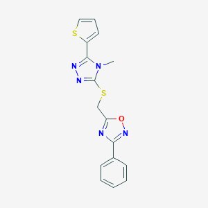 molecular formula C16H13N5OS2 B326834 5-({[4-methyl-5-(2-thienyl)-4H-1,2,4-triazol-3-yl]sulfanyl}methyl)-3-phenyl-1,2,4-oxadiazole 