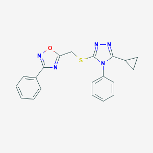 molecular formula C20H17N5OS B326836 5-{[(5-cyclopropyl-4-phenyl-4H-1,2,4-triazol-3-yl)sulfanyl]methyl}-3-phenyl-1,2,4-oxadiazole 
