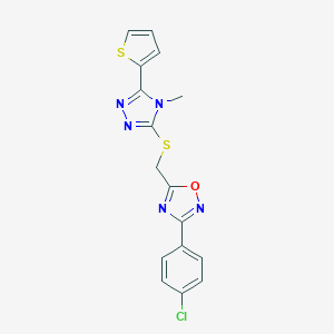 molecular formula C16H12ClN5OS2 B326840 3-(4-chlorophenyl)-5-({[4-methyl-5-(2-thienyl)-4H-1,2,4-triazol-3-yl]thio}methyl)-1,2,4-oxadiazole 