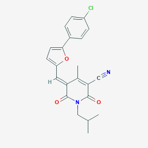molecular formula C22H19ClN2O3 B326864 5-{[5-(4-Chlorophenyl)-2-furyl]methylene}-1-isobutyl-4-methyl-2,6-dioxo-1,2,5,6-tetrahydro-3-pyridinecarbonitrile 
