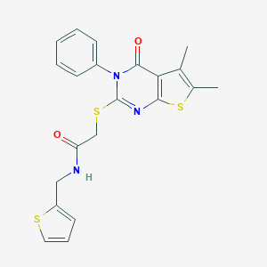 molecular formula C21H19N3O2S3 B326866 2-[(5,6-dimethyl-4-oxo-3-phenyl-3,4-dihydrothieno[2,3-d]pyrimidin-2-yl)sulfanyl]-N-(2-thienylmethyl)acetamide 