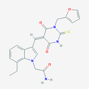 molecular formula C22H20N4O4S B326874 2-{7-ethyl-3-[(1-(2-furylmethyl)-4,6-dioxo-2-thioxotetrahydro-5(2H)-pyrimidinylidene)methyl]-1H-indol-1-yl}acetamide 