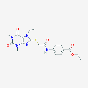 molecular formula C20H23N5O5S B326884 ethyl 4-({[(7-ethyl-1,3-dimethyl-2,6-dioxo-2,3,6,7-tetrahydro-1H-purin-8-yl)sulfanyl]acetyl}amino)benzoate 