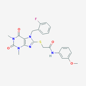 molecular formula C23H22FN5O4S B326885 2-{[7-(2-fluorobenzyl)-1,3-dimethyl-2,6-dioxo-2,3,6,7-tetrahydro-1H-purin-8-yl]sulfanyl}-N-(3-methoxyphenyl)acetamide 