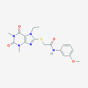 molecular formula C18H21N5O4S B326886 2-[(7-ethyl-1,3-dimethyl-2,6-dioxo-2,3,6,7-tetrahydro-1H-purin-8-yl)sulfanyl]-N-(3-methoxyphenyl)acetamide 
