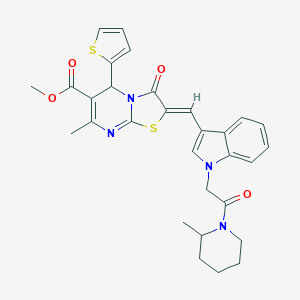 molecular formula C30H30N4O4S2 B326921 methyl (2Z)-7-methyl-2-({1-[2-(2-methylpiperidin-1-yl)-2-oxoethyl]-1H-indol-3-yl}methylidene)-3-oxo-5-(thiophen-2-yl)-2,3-dihydro-5H-[1,3]thiazolo[3,2-a]pyrimidine-6-carboxylate 