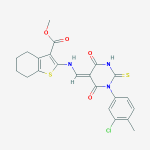 molecular formula C22H20ClN3O4S2 B326965 methyl 2-[[(E)-[1-(3-chloro-4-methylphenyl)-4,6-dioxo-2-sulfanylidene-1,3-diazinan-5-ylidene]methyl]amino]-4,5,6,7-tetrahydro-1-benzothiophene-3-carboxylate 