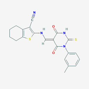 molecular formula C21H18N4O2S2 B326966 2-[[(E)-[1-(3-methylphenyl)-4,6-dioxo-2-sulfanylidene-1,3-diazinan-5-ylidene]methyl]amino]-4,5,6,7-tetrahydro-1-benzothiophene-3-carbonitrile 