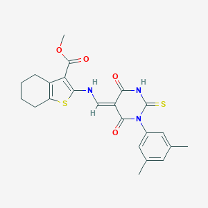 molecular formula C23H23N3O4S2 B326967 methyl 2-[[(E)-[1-(3,5-dimethylphenyl)-4,6-dioxo-2-sulfanylidene-1,3-diazinan-5-ylidene]methyl]amino]-4,5,6,7-tetrahydro-1-benzothiophene-3-carboxylate 