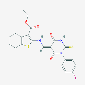 ethyl 2-[[(E)-[1-(4-fluorophenyl)-4,6-dioxo-2-sulfanylidene-1,3-diazinan-5-ylidene]methyl]amino]-4,5,6,7-tetrahydro-1-benzothiophene-3-carboxylate