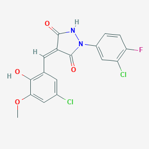 molecular formula C17H11Cl2FN2O4 B326971 (4Z)-1-(3-chloro-4-fluorophenyl)-4-(5-chloro-2-hydroxy-3-methoxybenzylidene)pyrazolidine-3,5-dione 