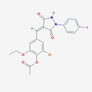 molecular formula C20H16BrIN2O5 B327019 2-Bromo-6-ethoxy-4-{[1-(4-iodophenyl)-3,5-dioxo-4-pyrazolidinylidene]methyl}phenyl acetate 