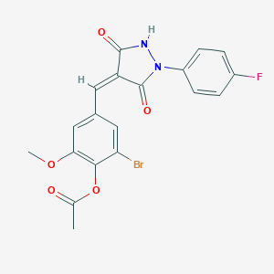 molecular formula C19H14BrFN2O5 B327034 2-Bromo-4-{[1-(4-fluorophenyl)-3,5-dioxo-4-pyrazolidinylidene]methyl}-6-methoxyphenyl acetate 