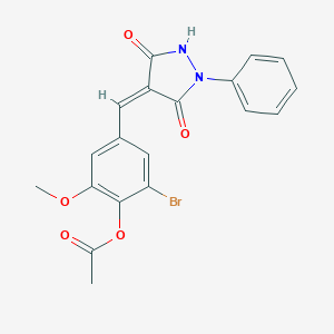 molecular formula C19H15BrN2O5 B327038 2-Bromo-4-[(3,5-dioxo-1-phenyl-4-pyrazolidinylidene)methyl]-6-methoxyphenyl acetate 