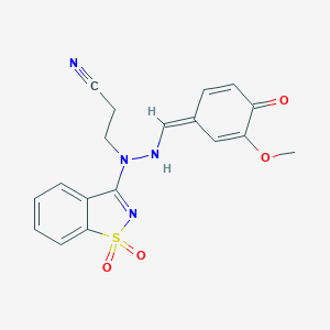 molecular formula C18H16N4O4S B327071 3-[(1,1-dioxo-1,2-benzothiazol-3-yl)-[[(Z)-(3-methoxy-4-oxocyclohexa-2,5-dien-1-ylidene)methyl]amino]amino]propanenitrile 