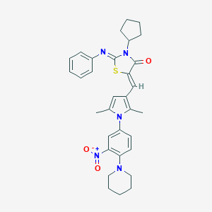 molecular formula C32H35N5O3S B327094 3-cyclopentyl-5-({1-[3-nitro-4-(1-piperidinyl)phenyl]-2,5-dimethyl-1H-pyrrol-3-yl}methylene)-2-(phenylimino)-1,3-thiazolidin-4-one 