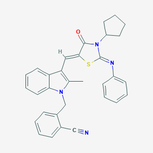 molecular formula C32H28N4OS B327099 2-[(3-{[3-cyclopentyl-4-oxo-2-(phenylimino)-1,3-thiazolidin-5-ylidene]methyl}-2-methyl-1H-indol-1-yl)methyl]benzonitrile 