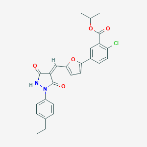 molecular formula C26H23ClN2O5 B327180 Isopropyl 2-chloro-5-(5-{[1-(4-ethylphenyl)-3,5-dioxo-4-pyrazolidinylidene]methyl}-2-furyl)benzoate 