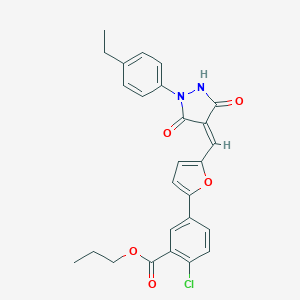 molecular formula C26H23ClN2O5 B327183 Propyl 2-chloro-5-(5-{[1-(4-ethylphenyl)-3,5-dioxo-4-pyrazolidinylidene]methyl}-2-furyl)benzoate 