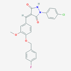 molecular formula C24H18ClFN2O4 B327238 1-(4-Chlorophenyl)-4-{4-[(4-fluorobenzyl)oxy]-3-methoxybenzylidene}-3,5-pyrazolidinedione 