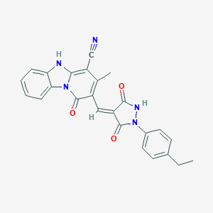 molecular formula C25H19N5O3 B327240 2-[(E)-[1-(4-ethylphenyl)-3,5-dioxopyrazolidin-4-ylidene]methyl]-3-methyl-1-oxo-5H-pyrido[1,2-a]benzimidazole-4-carbonitrile 
