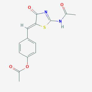 molecular formula C14H12N2O4S B327250 4-{[2-(Acetylimino)-4-oxo-1,3-thiazolidin-5-ylidene]methyl}phenyl acetate 