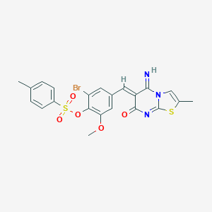 molecular formula C22H18BrN3O5S2 B327378 2-bromo-4-[(5-imino-2-methyl-7-oxo-5H-[1,3]thiazolo[3,2-a]pyrimidin-6(7H)-ylidene)methyl]-6-methoxyphenyl 4-methylbenzenesulfonate 
