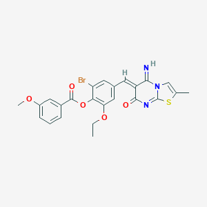 molecular formula C24H20BrN3O5S B327394 2-bromo-6-ethoxy-4-[(5-imino-2-methyl-7-oxo-5H-[1,3]thiazolo[3,2-a]pyrimidin-6(7H)-ylidene)methyl]phenyl 3-methoxybenzoate 