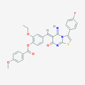 molecular formula C29H22FN3O5S B327395 2-ethoxy-4-[(3-(4-fluorophenyl)-5-imino-7-oxo-5H-[1,3]thiazolo[3,2-a]pyrimidin-6(7H)-ylidene)methyl]phenyl 4-methoxybenzoate 