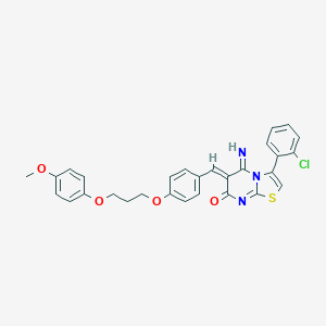 molecular formula C29H24ClN3O4S B327399 3-(2-chlorophenyl)-5-imino-6-{4-[3-(4-methoxyphenoxy)propoxy]benzylidene}-5,6-dihydro-7H-[1,3]thiazolo[3,2-a]pyrimidin-7-one 