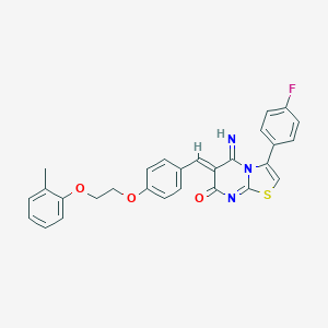 molecular formula C28H22FN3O3S B327401 3-(4-fluorophenyl)-5-imino-6-{4-[2-(2-methylphenoxy)ethoxy]benzylidene}-5,6-dihydro-7H-[1,3]thiazolo[3,2-a]pyrimidin-7-one 