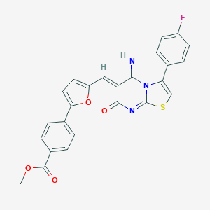 molecular formula C25H16FN3O4S B327403 methyl 4-{5-[(3-(4-fluorophenyl)-5-imino-7-oxo-5H-[1,3]thiazolo[3,2-a]pyrimidin-6(7H)-ylidene)methyl]-2-furyl}benzoate 