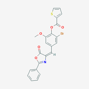 molecular formula C22H14BrNO5S B327416 2-bromo-6-methoxy-4-[(5-oxo-2-phenyl-1,3-oxazol-4(5H)-ylidene)methyl]phenyl 2-thiophenecarboxylate 