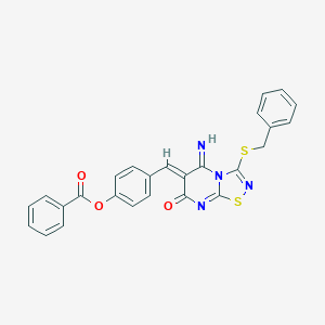 molecular formula C26H18N4O3S2 B327424 4-[(3-(benzylsulfanyl)-5-imino-7-oxo-5H-[1,2,4]thiadiazolo[4,5-a]pyrimidin-6(7H)-ylidene)methyl]phenyl benzoate 