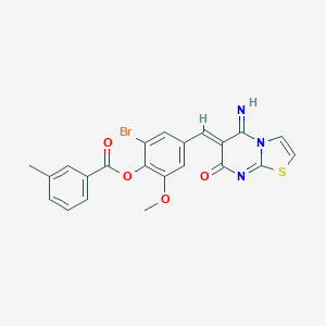 molecular formula C22H16BrN3O4S B327426 2-bromo-4-[(5-imino-7-oxo-5H-[1,3]thiazolo[3,2-a]pyrimidin-6(7H)-ylidene)methyl]-6-methoxyphenyl 3-methylbenzoate 