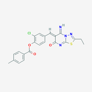 molecular formula C22H17ClN4O3S B327429 2-chloro-4-[(2-ethyl-5-imino-7-oxo-5H-[1,3,4]thiadiazolo[3,2-a]pyrimidin-6(7H)-ylidene)methyl]phenyl 4-methylbenzoate 