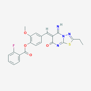 molecular formula C22H17FN4O4S B327430 4-[(2-ethyl-5-imino-7-oxo-5H-[1,3,4]thiadiazolo[3,2-a]pyrimidin-6(7H)-ylidene)methyl]-2-methoxyphenyl 2-fluorobenzoate 