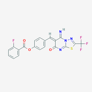 molecular formula C20H10F4N4O3S B327432 4-[(5-imino-7-oxo-2-(trifluoromethyl)-5H-[1,3,4]thiadiazolo[3,2-a]pyrimidin-6(7H)-ylidene)methyl]phenyl 2-fluorobenzoate 