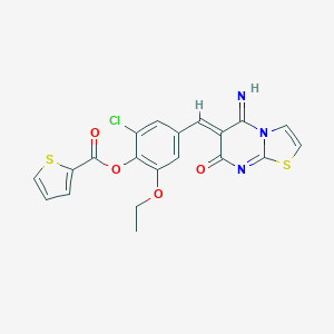 molecular formula C20H14ClN3O4S2 B327433 2-chloro-6-ethoxy-4-[(5-imino-7-oxo-5H-[1,3]thiazolo[3,2-a]pyrimidin-6(7H)-ylidene)methyl]phenyl 2-thiophenecarboxylate 