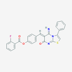 molecular formula C26H16FN3O3S B327439 4-[(5-imino-7-oxo-3-phenyl-5H-[1,3]thiazolo[3,2-a]pyrimidin-6(7H)-ylidene)methyl]phenyl 2-fluorobenzoate 