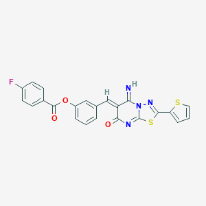 molecular formula C23H13FN4O3S2 B327442 3-[(5-imino-7-oxo-2-(2-thienyl)-5H-[1,3,4]thiadiazolo[3,2-a]pyrimidin-6(7H)-ylidene)methyl]phenyl 4-fluorobenzoate 